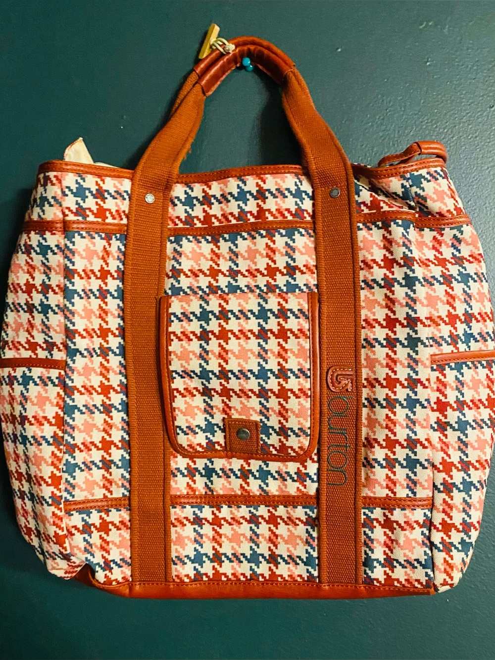 Burton Houndstooth Red Pink Green Canvas Tote Zip Closer